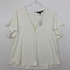 New White House Black Market XL White Cream V Neck Lace Flutter Sleeve Top